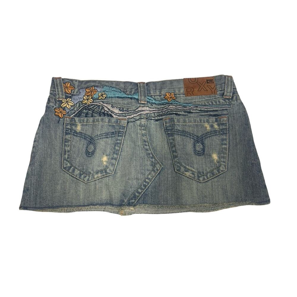 Vintage Roxy Y2K Denim Micro Mini Skirt Embroidered Waves Flowers Size 7